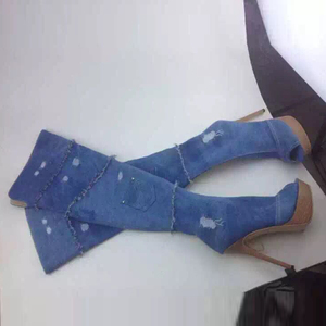 Fashion Zipper <strong>Wedge</strong> Stiletto Platform Over the Knee Girls <strong>Boots</strong> Stretchable Denim Peep Toe Pointy Toe Long <strong>Boots</strong> - Product Image 6