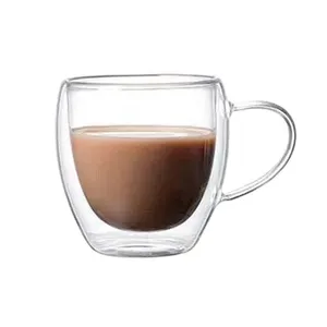热卖耐热双壁250毫升硼硅酸盐玻璃茶杯隔热饮水杯带手柄热咖啡杯
