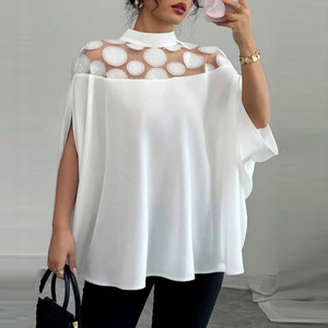T-shirt a <span class=keywords><strong>pois</strong></span> larghe con maniche a pipistrello con collo alto a giuntura a Modulare Casual in pizzo intrecciato tinta unita trasparente - Product Image 1
