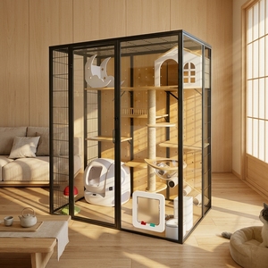 Condo pour animaux de compagnie de luxe moderne, personnalisable, avec structure en acier au carbone massif, panneaux en bois de caoutchouc, verre trempé, roulettes mobiles et grand espace pour chat - Product Image 4