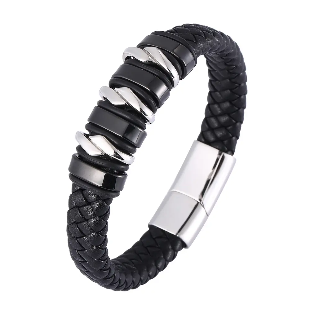 [Atacado] bracelete de couro de titânio para homens, popular, europeu e americano, tendência em aço de titânio, pulseira de alta qualidade, bracelete de couro tecido