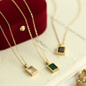 2022 Light Luxury Small French Square White Green Red Zirconium Pendant 14K Gold Plated Necklaces Women