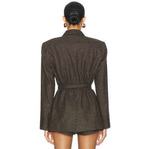 <span class=keywords><strong>Chaqueta</strong></span> a cuadros con cuello en V de manga larga personalizada de alta calidad, <span class=keywords><strong>chaqueta</strong></span> con cinturón y hombros anchos cruzados, <span class=keywords><strong>chaqueta</strong></span> de <span class=keywords><strong>mujer</strong></span> marrón de algodón y poliéster - Product Image 3