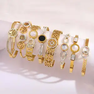 Bán Buôn Thép Không Gỉ Tùy Chỉnh Thiết Kế Nổi Tiếng La Mã Số Thời Trang Charms Zircon Mạ Vàng Vòng Đeo Tay Bangle Phụ Nữ Đồ Trang Sức