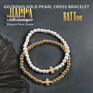 boho Cross <b>Bracelet</b> Set Gold Plated Brass and Pearl Beaded Jewelry with Bohemian Design Elegant Unisex Accessories - Product Image 2