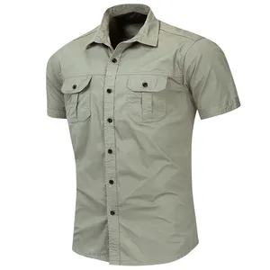New Single-Breasted Mens Short Sleeve Cargo Shirts Casual Solid Male Pocket Work 100% Cotton T shirt