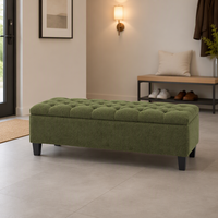 Banc ottoman vert en bouclette avec rangement, pieds en bois d'hévéa, pour entrée, chambre, salon, bout de lit