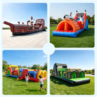 Castillo Inflable de Grado Comercial con Obstáculos de Barco Pirata y Tobogán Acuático
