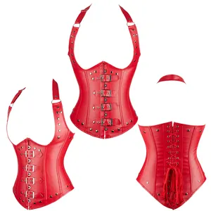 Sexy Women Plus Size Latex Corset Red Leather Steel Boned Underbust Vest Corsets and Bustiers