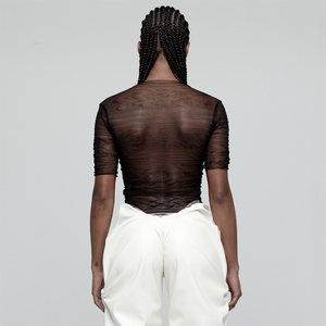 <strong>Goth</strong> Dark Punk Mesh See Through T-shirts <strong>Women</strong> Cyber Sexy Summer Halter Tops Lace up Techwear Black Patchwork Split <strong>Clothes</strong> - Product Image 6