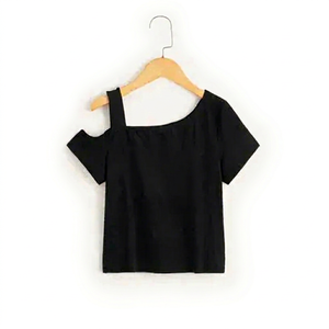 Ventes en gros de hauts noirs pour filles avec motif imprimé, manches courtes, col rond, taille personnalisée, hauts noirs pour filles - Product Image 3