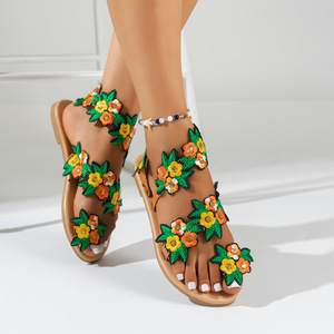Sandales plates à broderie florale pour femmes, style bohème, avec lanières à la cheville, motif floral, pour l'été, la plage, les vacances, la marche - Product Image 3