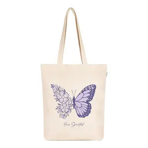 Nova impressa borboleta algodão lona sacos reutilizáveis supermercado compras sacola lona sacos com logotipo impresso personalizado