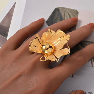 oversized hollow floral copper bulk wholesale 18k gold plated designer <b>bangle</b> bracelet matching fashion jewelry ring <b>set</b> - Product Image 4