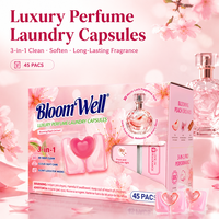 Capsules de lessive parfumées BloomWell Luxury 3-en-1, nettoyage en profondeur 8X, adoucissant pour tissus, parfum longue durée, 45 paquets
