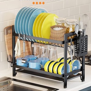 Étagère de rangement double pour vaisselle de cuisine, en métal laqué, moderne, durable, sur pied, porte-pots, égouttoir pour bols, multifonction, capacité 3-4L - Product Image 2