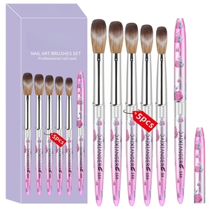 Juego de Pinceles Profesionales <span class=keywords><strong>para</strong></span> Uñas Acrílicas, 5 Tamaños, Cerdas de Nailon, Mango Floral Rosa, Virola Metálica, <span class=keywords><strong>para</strong></span> Arte de Uñas en Salón - Product Image 1