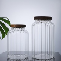 Grand pot de rangement vertical en verre borosilicate côtelé avec couvercle hermétique en bois d'acacia, boîte de cuisine pour thé et épices