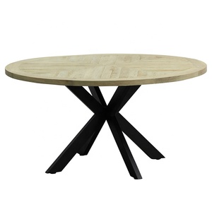 Tavolo da pranzo rotondo KVJ-8409 con base in metallo francese resistente, gambe in ferro e piano in <span class=keywords><strong>parquet</strong></span> di <span class=keywords><strong>rovere</strong></span> <span class=keywords><strong>bianco</strong></span> sbiancato. - Product Image 1