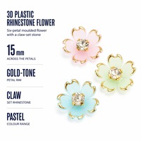 Fleur en plastique 3D de 15 mm avec strass |   Décorations florales pastel dorées pour cheveux, nail art, bricolage et artisanat – Vente en gros