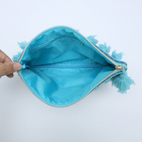 Tas Clutch Kanvas Motif Geometris Boho dengan Ritsleting Rumbai & Tali Pergelangan Tangan, Tas Makeup & Dompet Portabel, Kantong Kosmetik untuk Pesta