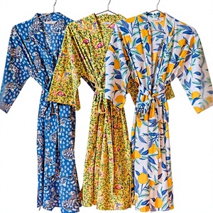 Women's Boho Floral Printed Cotton Kimono <b>Robe</b> Midi Length V-neck Batwing Sleeve Eco-Friendly Belt Pockets Natural Daily ODM - Product Image 3