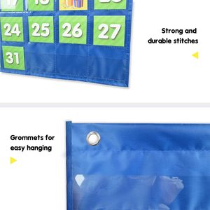 Calendario mensual para el aula, tabla de bolsillo con 71 tarjetas, aprendizaje para niños, hogar, azul - Product Image 3