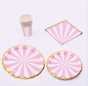 34Pcs Roze Blauw Goud Folie Papier Plaat Cup Servetten Party Diy Decoratie Wegwerp Verjaardag Kids Party Favor Servies Levert