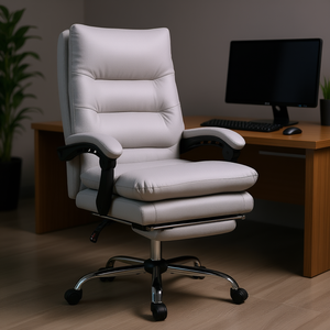 Light Gray <b>Leather</b> Executive Office <b>Chair</b> with Adjustable Height <b>Reclining</b> Swivel Chrome Base Contemporary Design - Product Image 2