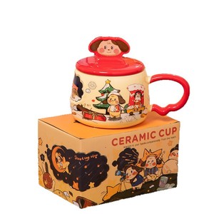 Mignonne tasse en céramique à motif de dessin animé avec couvercle et poignée, tasse individuelle pour usage domestique, cadeau hiver 2025 - Product Image 1