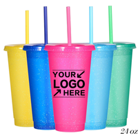 Gobelet à paillettes à paroi simple de 24 oz, personnalisé, écologique, réutilisable, en plastique, pour café froid à emporter, avec couvercle et paille