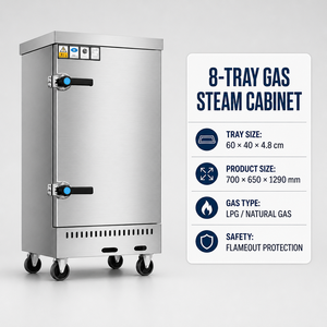 ตู้นึ่งอาหารแก๊ส 8 ชั้น แบบใช้แก๊ส LPG/แก๊สธรรมชาติ พร้อมระบบป้องกันเปลวไฟดับ สำหรับร้านอาหาร ร้านจัดเลี้ยง และครัว - Product Image 2
