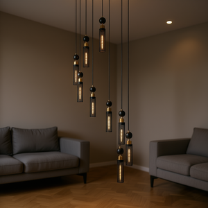 Lustre suspendu industriel moderne à 9 lumières, noir et or, avec abat-jour cylindriques en maille réglables, pour salon - Product Image 2