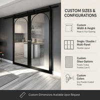 Porte coulissante de grange en verre cannelé noir, double panneau, design arqué, rail lisse, cloison de séparation en verre pour cuisine, maison, bureau