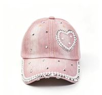 Topi Baseball Denim Bermotif Hati dengan Rhinestone Perak & Mutiara Putih, Dapat Disesuaikan dengan Berbagai Warna