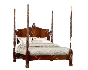 Foshan fabbrica di legno massello di quercia di lusso letto matrimoniale britannico classico marrone stile Vintage intagliato a mano durevole per uso Hotel camera da letto