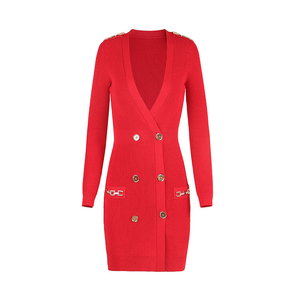 Elegante <span class=keywords><strong>Abito</strong></span> Cardigan in Maglia a Coste <span class=keywords><strong>Blu</strong></span> Chiaro con Scollo a V e <span class=keywords><strong>Doppio</strong></span> <span class=keywords><strong>Petto</strong></span>, Maniche Lunghe, Vestibilità Slim, per Ufficio, Lunghezza Midi - Product Image 4