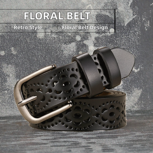 Cinturón de Cuero Vacuno Estilo Vintage para Mujer, Diseño de Flores Huecas, Hebilla de Aleación, Duradero y Ecológico, Accesorio Versátil - Product Image 2