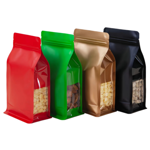 Pochette debout colorée avec fenêtre transparente fond carré fermeture à glissière étanche à l'humidité gravure sur le dessus pour les aliments pour bébés et les aliments pour animaux domestiques - Product Image 1
