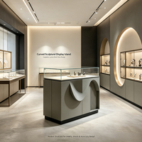 Vitrine sculpturale incurvée sur mesure, vitrine en verre transparent, armoire grise et base en métal noir, pour l'affichage de produits de luxe