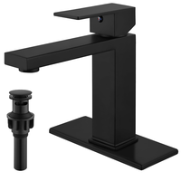 Robinet de lavabo noir mat à poignée unique, à poser sur le comptoir, avec siphon céramique escamotable, flexibles d'alimentation, design carré moderne, 2 trous