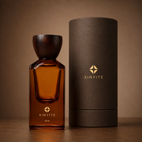 Flacon de parfum vide en ambre de 50 ml, structure à double paroi unique, bouchon en bois, impression personnalisée de la marque, vente en gros
