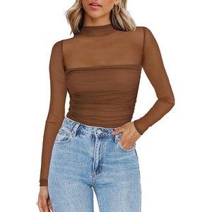 Top de Mujer para Verano, Ajustado, Transpirable, Cuello Medio Alto, con Malla, Costuras Decorativas, Manga Larga, Color Sólido, Sexy, Transparente, Estilo Regular - Product Image 3
