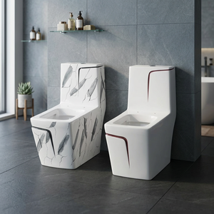 WC monobloc en céramique à impression marbre moderne, à chasse d'eau siphonique, double chasse, à poser au sol - Product Image 4