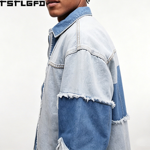 Veste en jean coupe boxy coupée et cousue, épaisse, avec empiècements patchwork, coutures apparentes, délavage clair, style streetwear, vêtement d'extérieur, vente en gros - Product Image 4