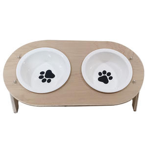 Mangkuk ganda tempat makan hewan peliharaan, dudukan kayu Solid ramah lingkungan mangkuk baja tahan karat 15 derajat perlindungan leher untuk air makanan kucing anjing - Product Image 2