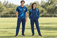 Ensemble personnalisé pour le personnel de football avec polo, veste zippée intégrale et pantalon d'entraînement, graphiques d'équipe et noms individuels pour les commandes de clubs