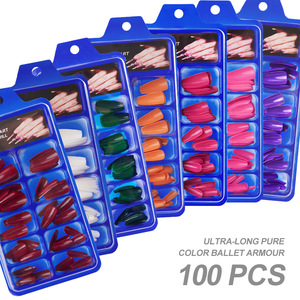 100 faux ongles à presser, forme cercueil/ballerine/carrée, longueur moyenne, couleur unie, prêts à poser - Product Image 5
