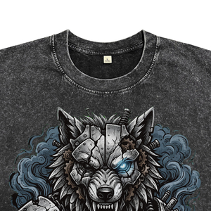 Camiseta de Manga Corta para Hombre, Estilo Urbano, Transpirable, de Algodón, Talla Grande, Negra, Lavada con Ácido, Teñida, con Estampado Mecánico de Lobo DTG - Product Image 4