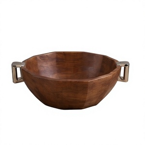 Plato de Madera de Nogal Octogonal Facetado con Asas Metálicas Modernas, Tazón de Servir de Madera de Mango, Vajilla Elegante - Product Image 1